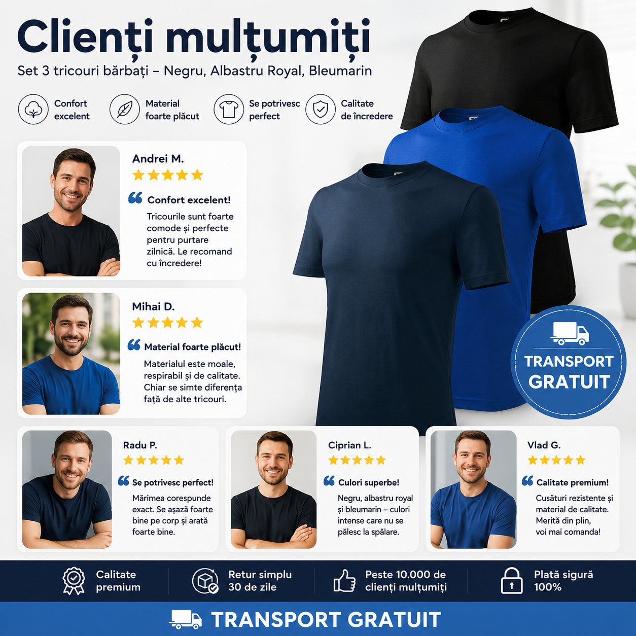 Set tricouri bărbați albastru marin albastru regal negru potrivit pentru cadou și purtare zilnică